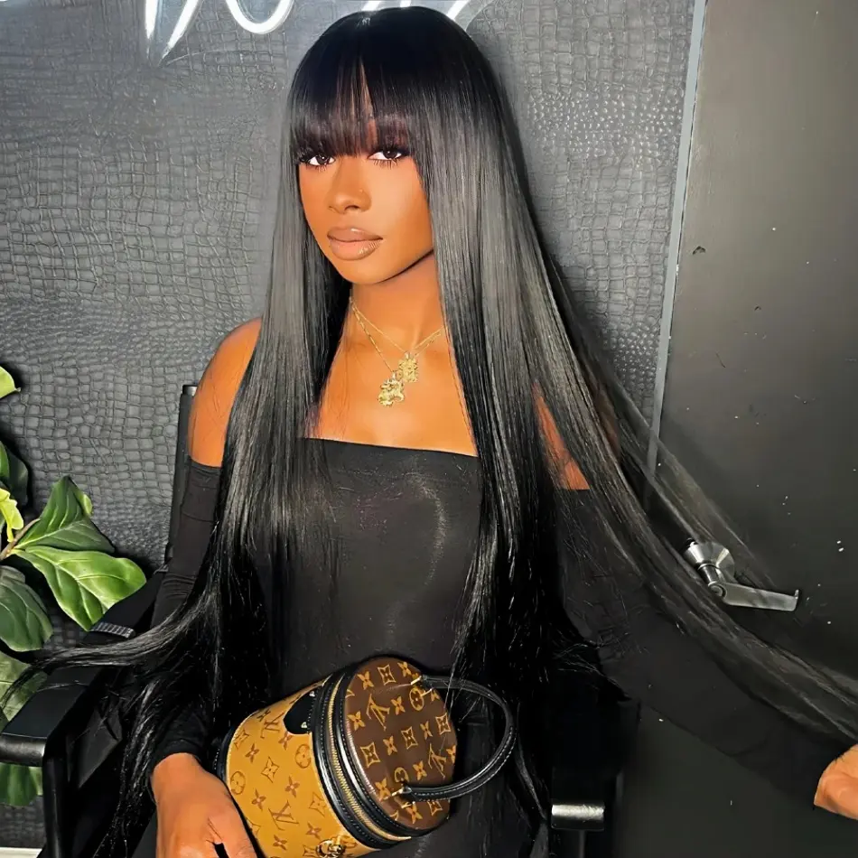 WeWave 3X1 Middle Part Lace Wig Bone Straight Human Hair Wig With Bangs Full Machine Made Straight Human Hair Wigs For Women