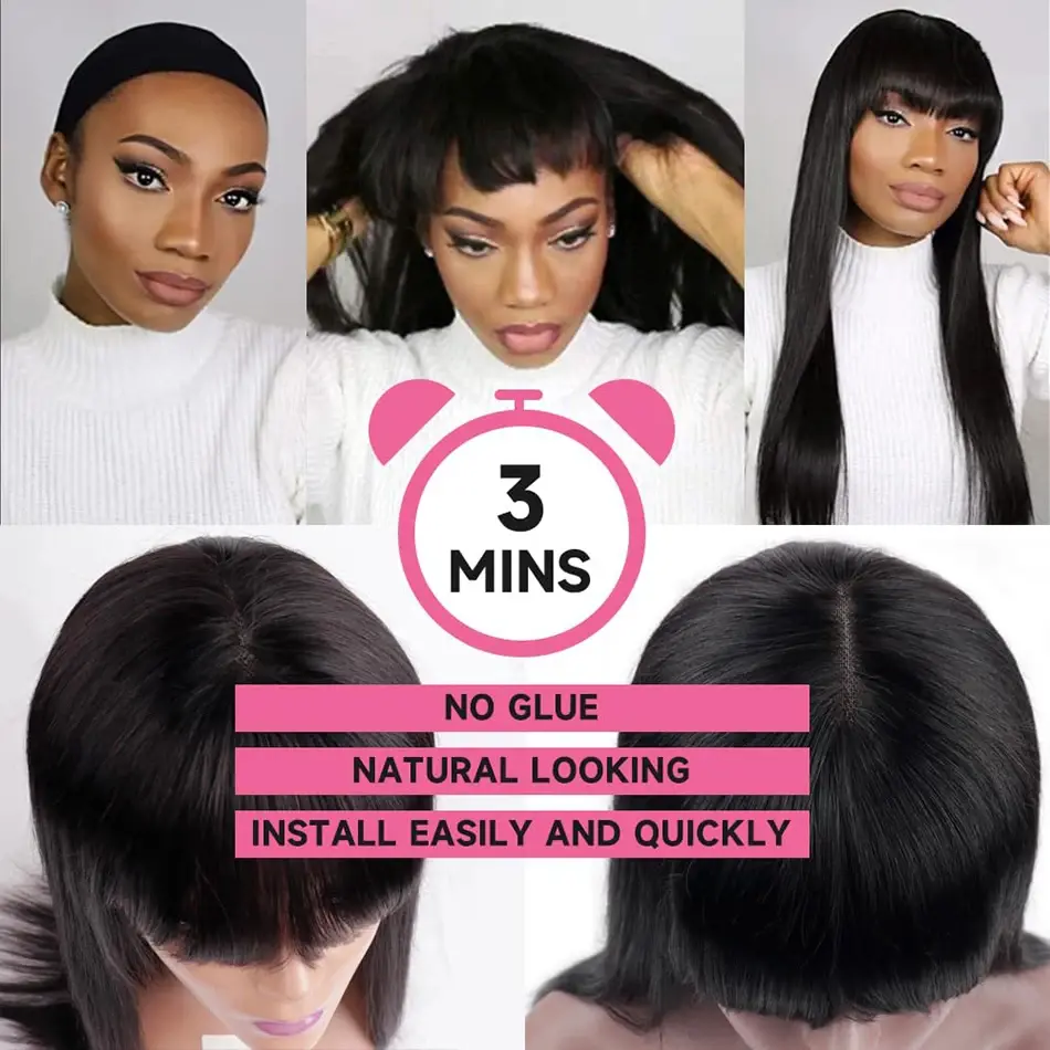 WeWave 3X1 Middle Part Lace Wig Bone Straight Human Hair Wig With Bangs Full Machine Made Straight Human Hair Wigs For Women