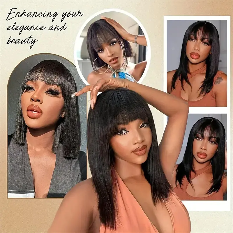 HAIRTIME Straight Short Bob Glueless Wigs with Bangs Bob HD Lace 180% Density Glueless HD Lace Bob With Bang Glueless Wigs