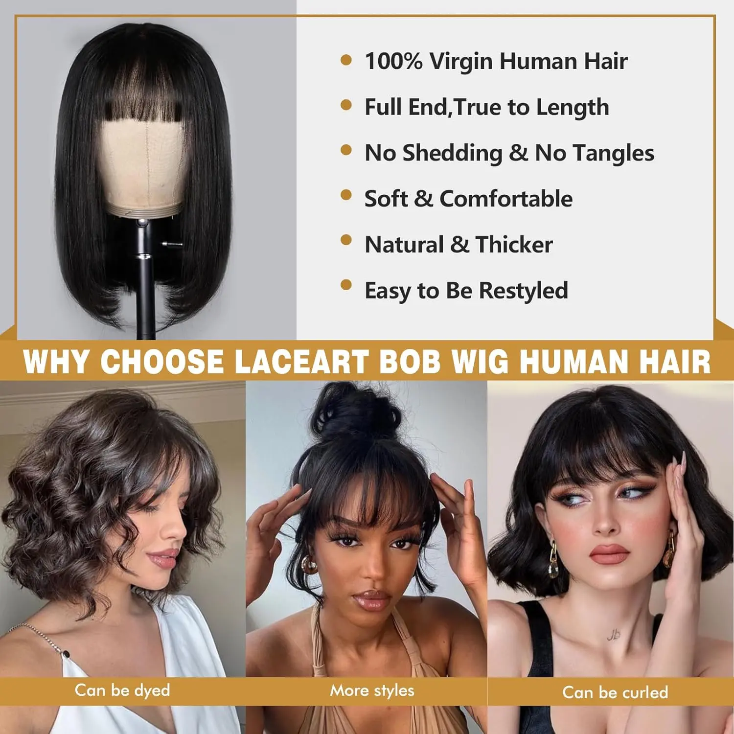HAIRTIME Straight Short Bob Glueless Wigs with Bangs Bob HD Lace 180% Density Glueless HD Lace Bob With Bang Glueless Wigs
