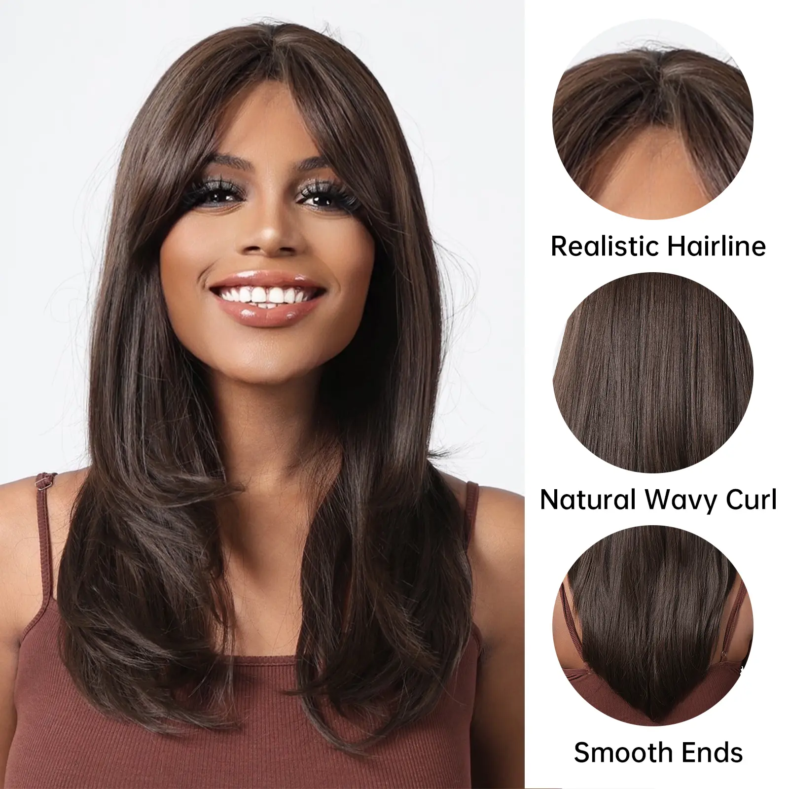Synthetic Brown Medium Length Hair Wig with Bangs for Black Women Afro Layered Natural Wave Wigs Cosplay Daily Heat Resistant