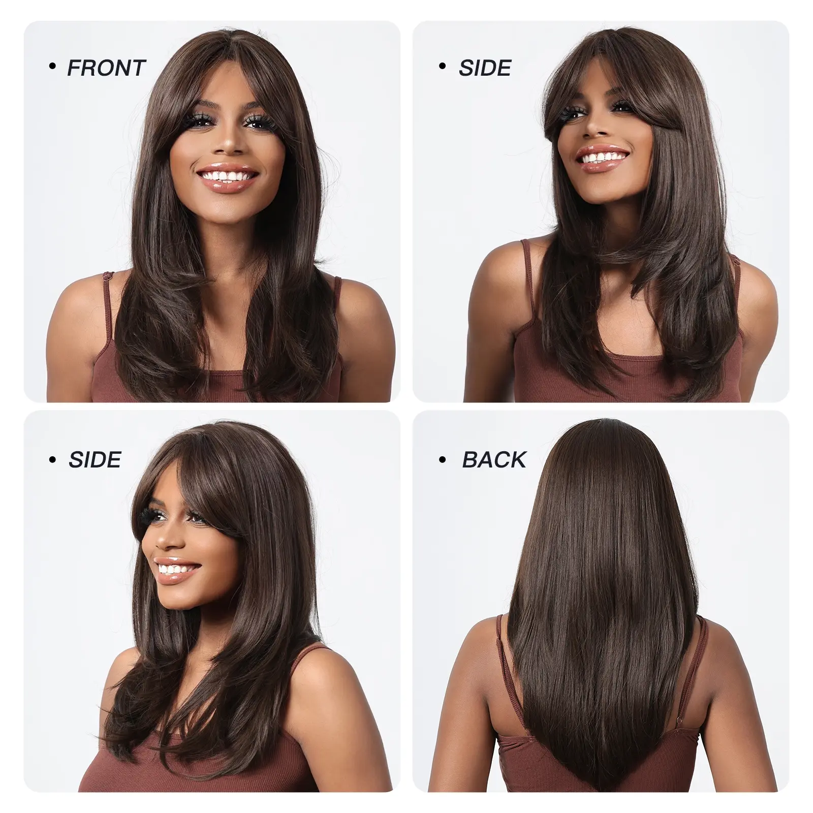 Synthetic Brown Medium Length Hair Wig with Bangs for Black Women Afro Layered Natural Wave Wigs Cosplay Daily Heat Resistant