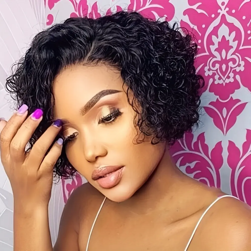13x4x1 Pixie Cut Human Hair Wigs for Women - Brazilian Virgin Hair Curly Wave 180% Density Pre-Plucked Natural Hairline