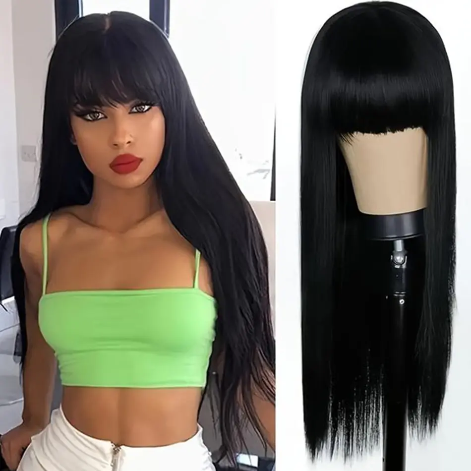 Full Machine Made Straight Human Hair 30 Inch Wigs With Bangs High Density Black Brazilian Wigs For Women Choice Cheap On Sale