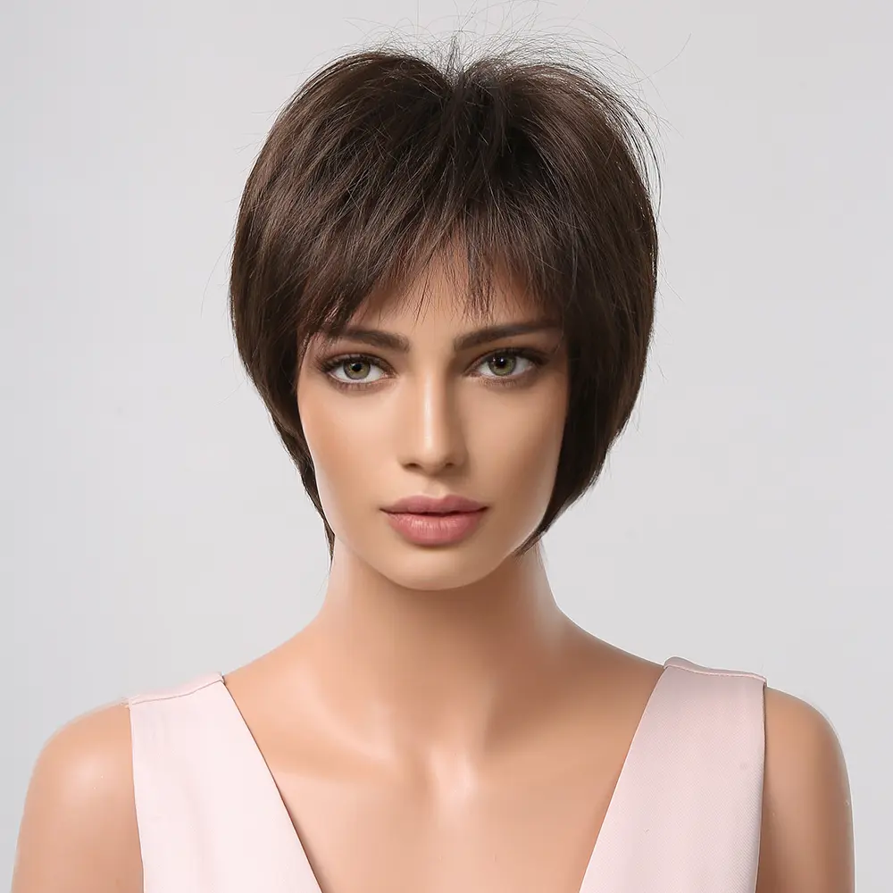 HENRY MARGU Short Straight Wigs for Women Afro Natural Brown Synthetic Hair Wigs with Bangs Daily Cosplay Heat Resistant Fake