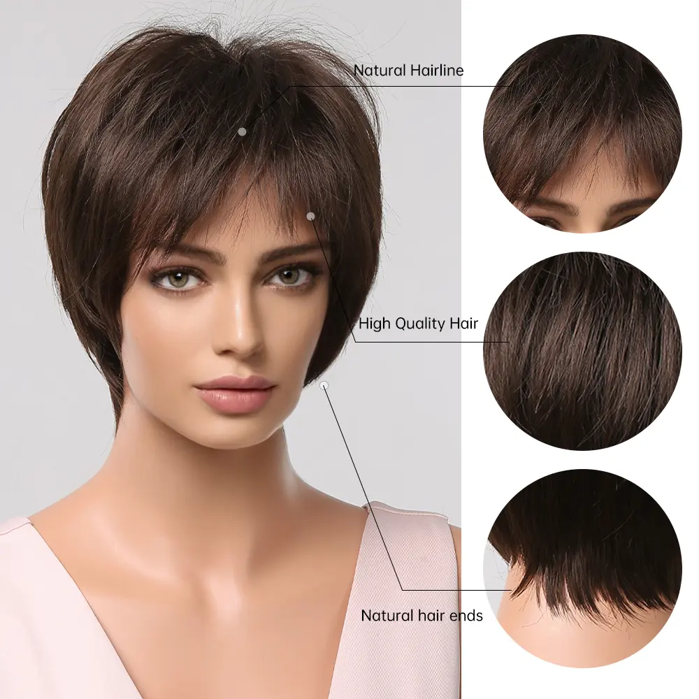 HENRY MARGU Short Straight Wigs for Women Afro Natural Brown Synthetic Hair Wigs with Bangs Daily Cosplay Heat Resistant Fake