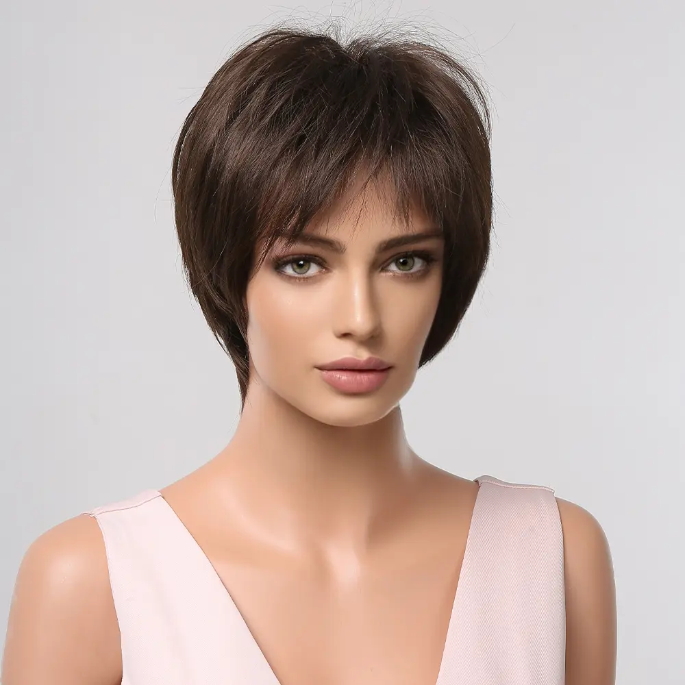 HENRY MARGU Short Straight Wigs for Women Afro Natural Brown Synthetic Hair Wigs with Bangs Daily Cosplay Heat Resistant Fake