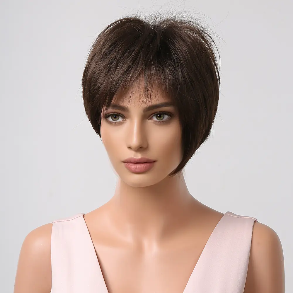 HENRY MARGU Short Straight Wigs for Women Afro Natural Brown Synthetic Hair Wigs with Bangs Daily Cosplay Heat Resistant Fake