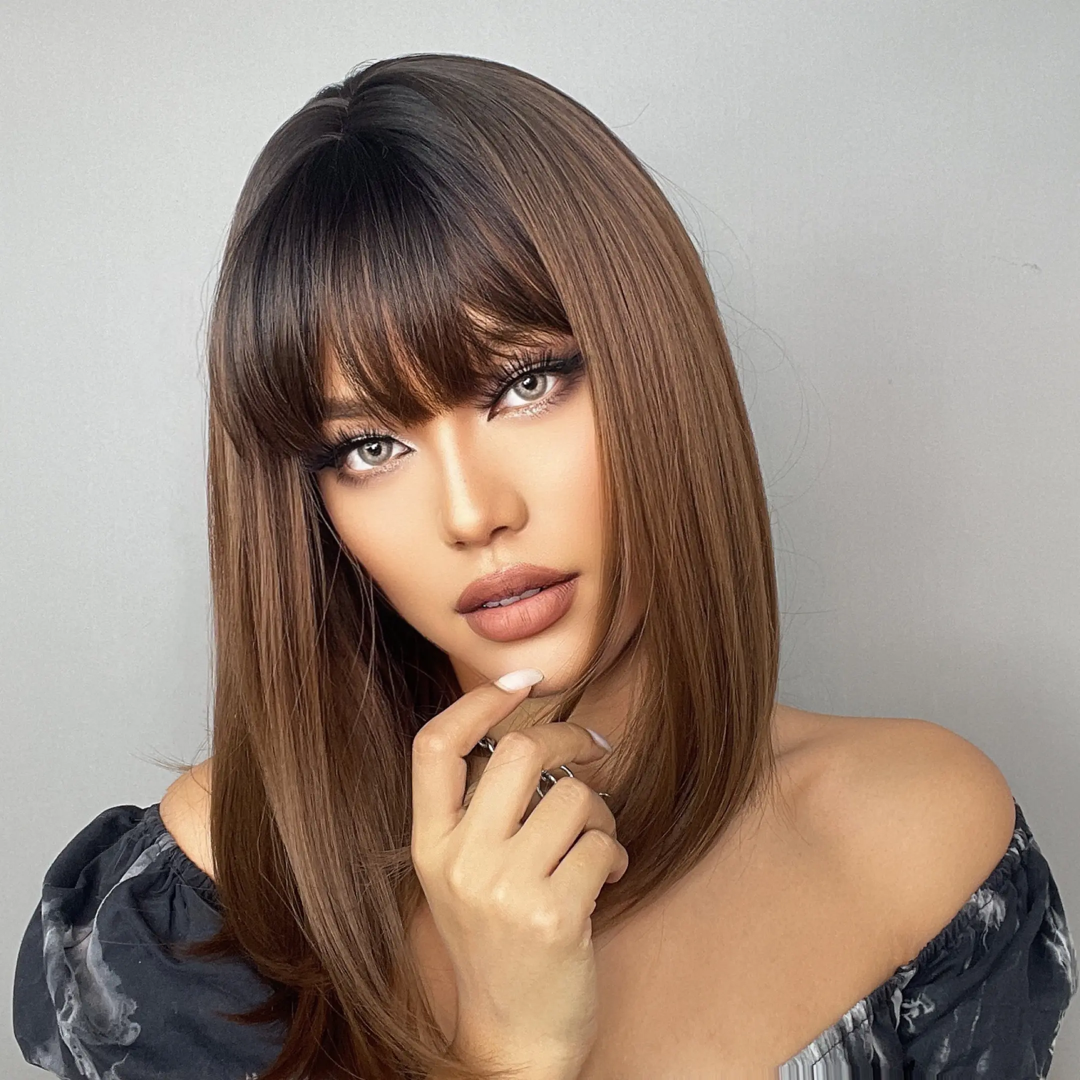 GEMMA Medium Ombre Brown Synthetic Wig with Bangs Hair Natural Cosplay Wig with Dark Roots for Women Heat Resistant Fibre