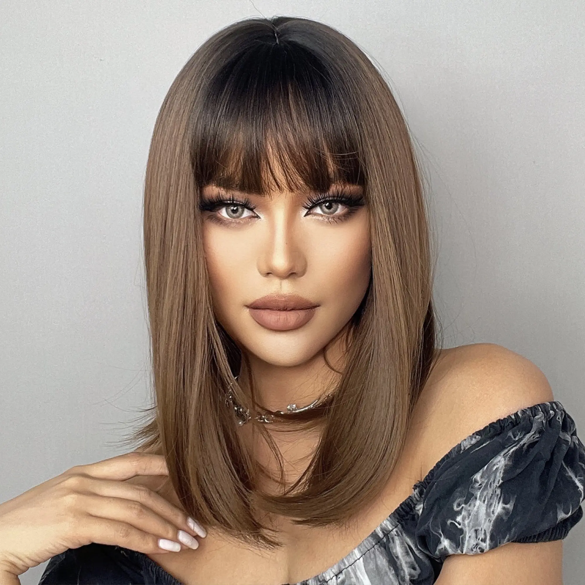 GEMMA Medium Ombre Brown Synthetic Wig with Bangs Hair Natural Cosplay Wig with Dark Roots for Women Heat Resistant Fibre