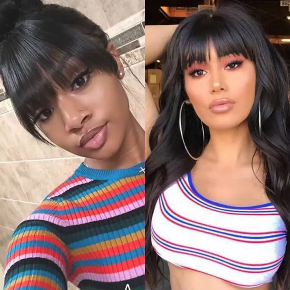 250 Density Middle Part Lace Wig With Bangs Body Wave Human Hair Wig  Brazilian Full Machine Made Human Hair Wigs for Black Wome
