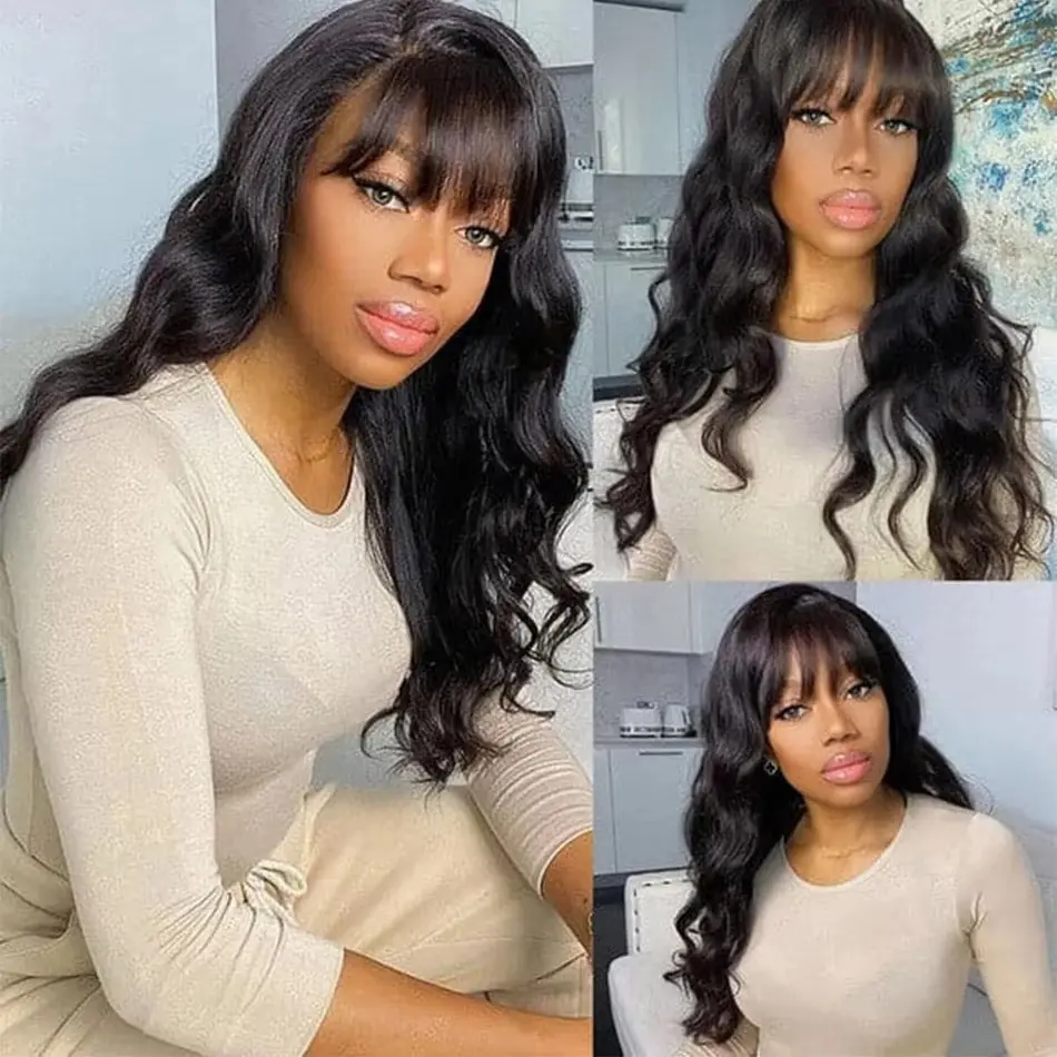 250 Density Middle Part Lace Wig With Bangs Body Wave Human Hair Wig  Brazilian Full Machine Made Human Hair Wigs for Black Wome