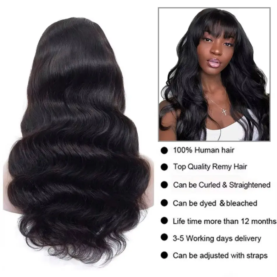 250 Density Middle Part Lace Wig With Bangs Body Wave Human Hair Wig  Brazilian Full Machine Made Human Hair Wigs for Black Wome