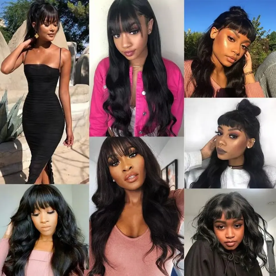 250 Density Middle Part Lace Wig With Bangs Body Wave Human Hair Wig  Brazilian Full Machine Made Human Hair Wigs for Black Wome