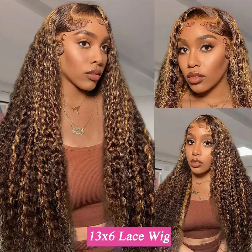 Highlight Wig Curly Human Hair Honey Blonde Lace Front Wigs Kinky Curly Wigs HD Transparent Lace 13x6 Lace Front Wig Human Hair