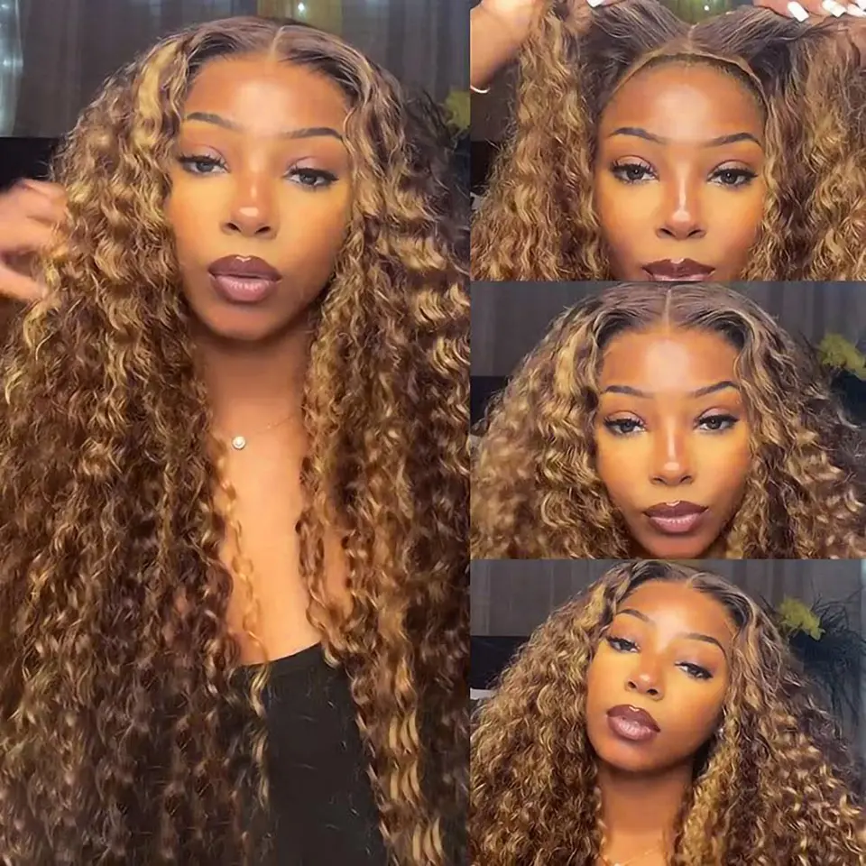 Highlight Wig Curly Human Hair Honey Blonde Lace Front Wigs Kinky Curly Wigs HD Transparent Lace 13x6 Lace Front Wig Human Hair