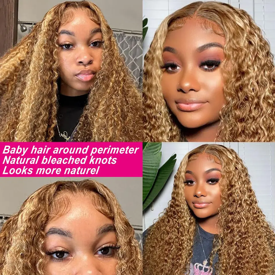Highlight Wig Curly Human Hair Honey Blonde Lace Front Wigs Kinky Curly Wigs HD Transparent Lace 13x6 Lace Front Wig Human Hair