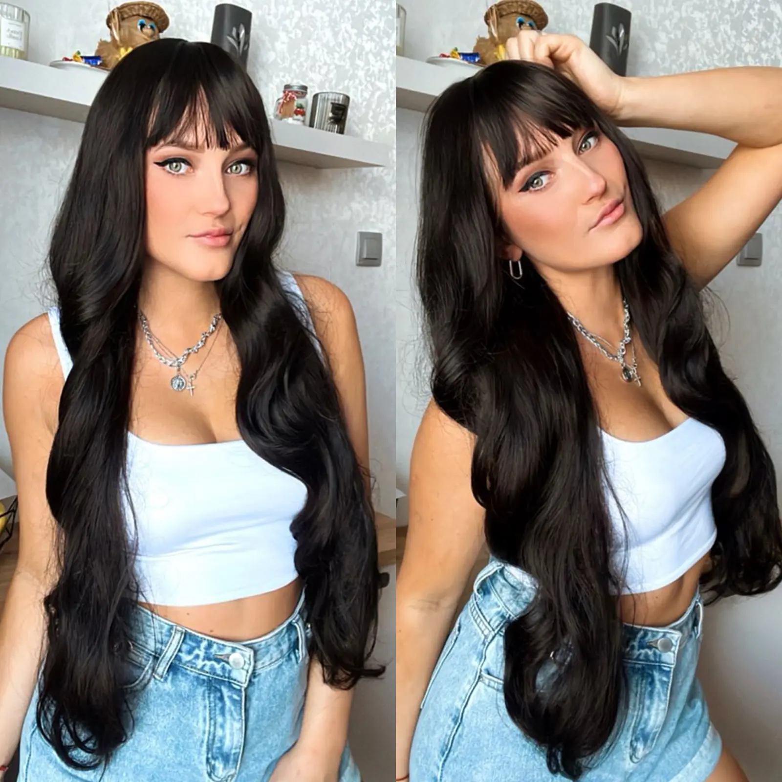 EASIHAIR Long Wavy Black Synthetic Wigs with Bangs Daily Use Natural Wave Hair Wig for Women Cosplay Party Heat Resistant Fiber