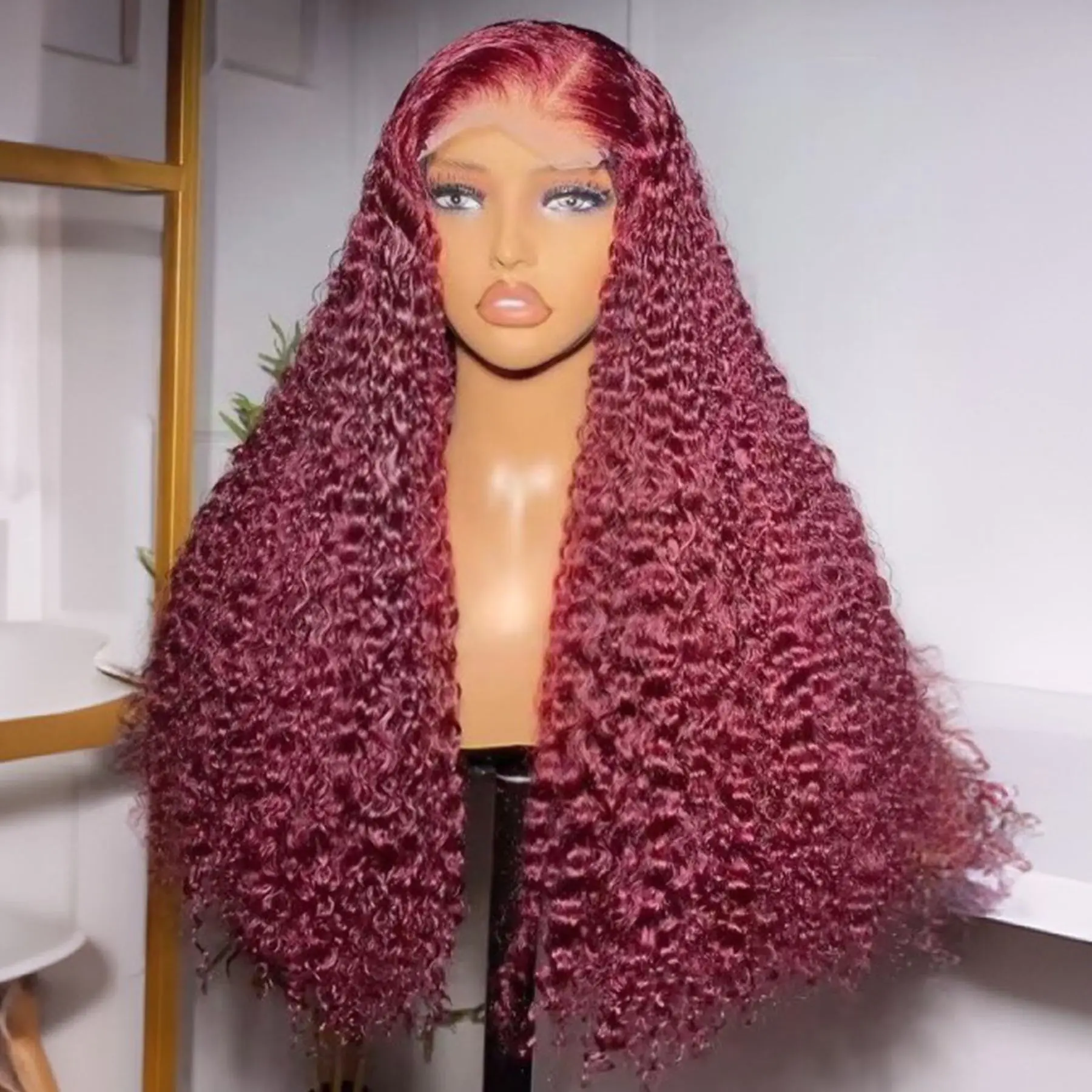 99J Red Burgundy Color Deep Wave 13X4 Lace Front Synthetic Wig For Women Baby Hair Preplucked Bleach Knots Cosplay Daily Party