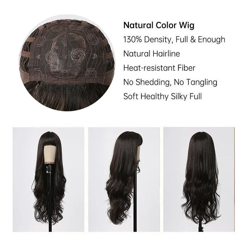 EASIHAIR Long Wavy Black Synthetic Wigs with Bangs Daily Use Natural Wave Hair Wig for Women Cosplay Party Heat Resistant Fiber