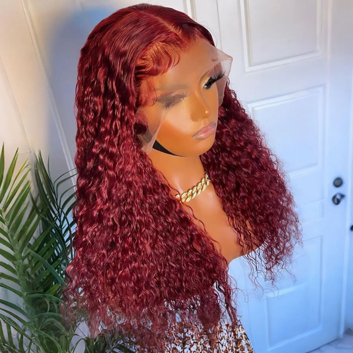 99J Red Burgundy Color Deep Wave 13X4 Lace Front Synthetic Wig For Women Baby Hair Preplucked Bleach Knots Cosplay Daily Party