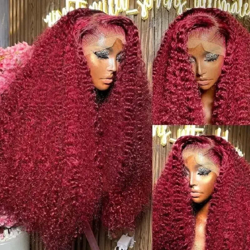 99J Red Burgundy Color Deep Wave 13X4 Lace Front Synthetic Wig For Women Baby Hair Preplucked Bleach Knots Cosplay Daily Party