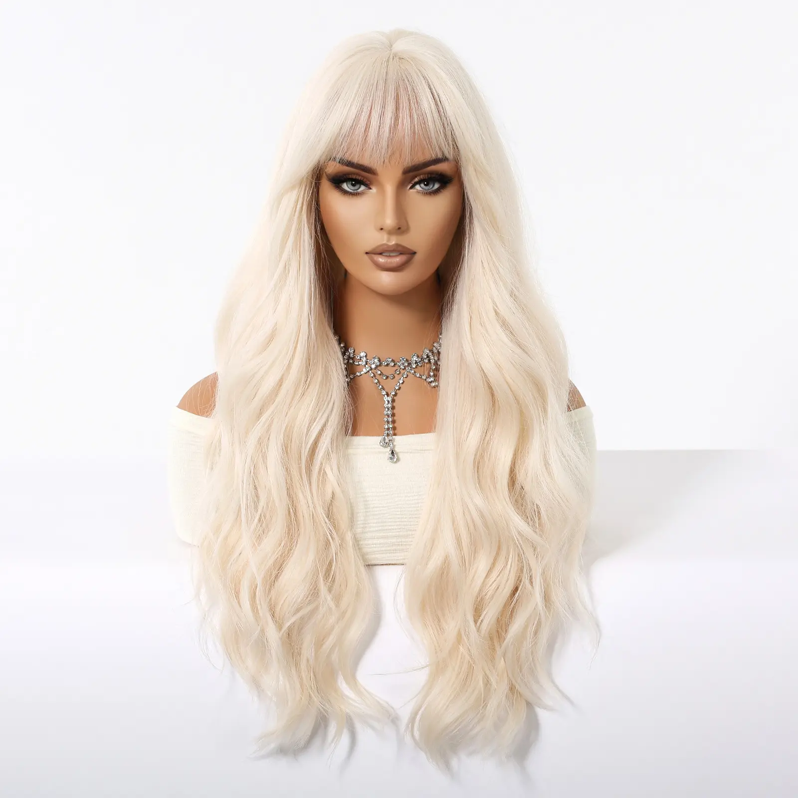 ALAN EATON Light Blonde Synthetic Wigs for Women Long Wavy Wig with Bangs High Temperature Fiber Natural Looking Daily Party Use