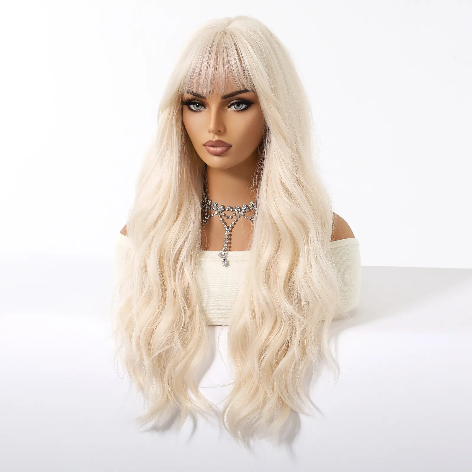 ALAN EATON Light Blonde Synthetic Wigs for Women Long Wavy Wig with Bangs High Temperature Fiber Natural Looking Daily Party Use