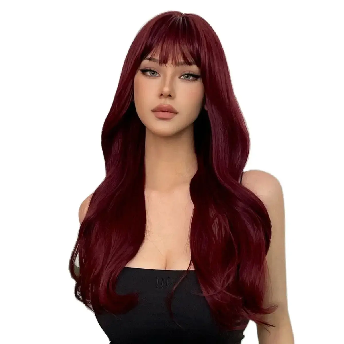 HENRY MARGU Wine Red Long Wavy Synthetic Wig High Temperature Natural Wig with Bangs Colorful Party Cosplay Hair for Black Women