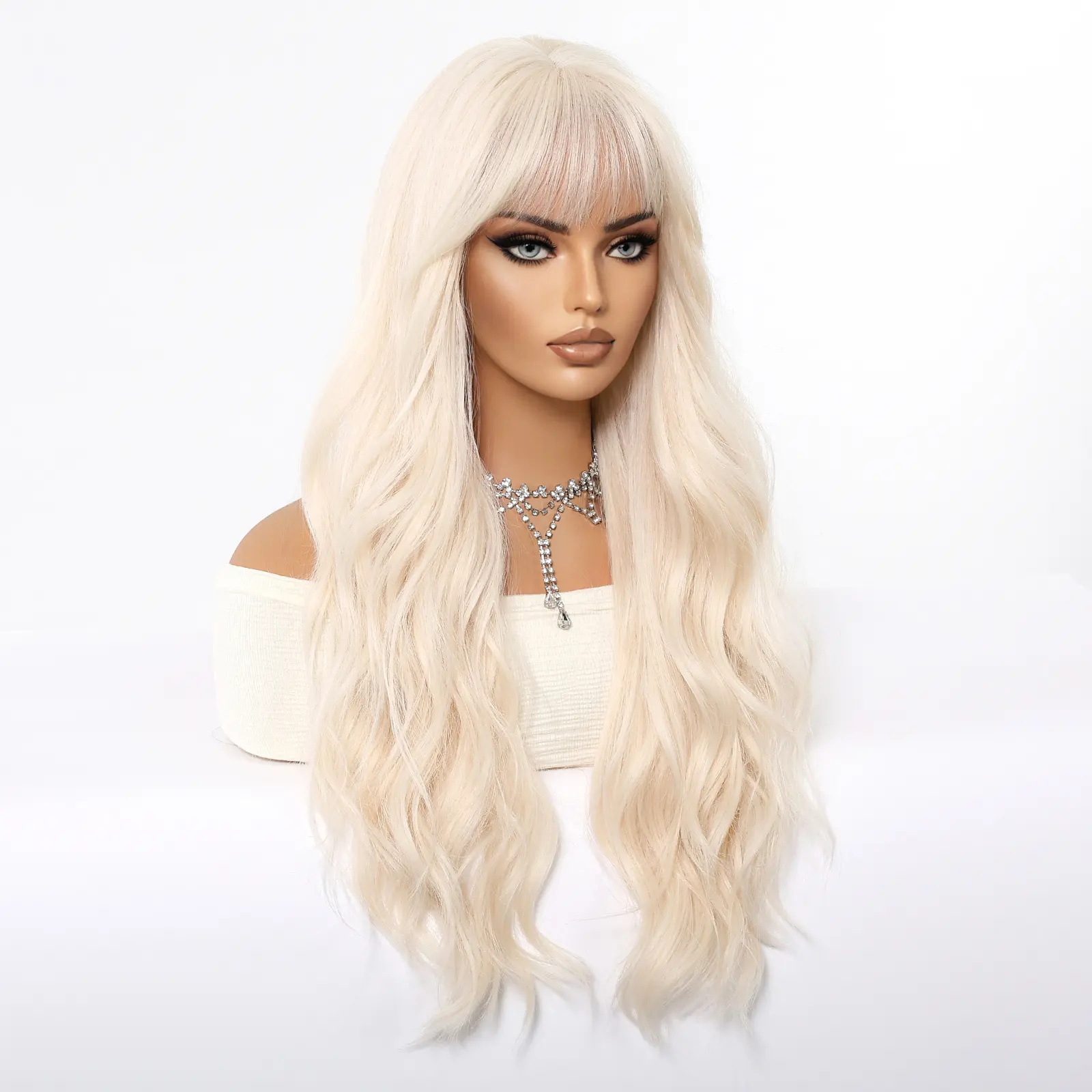 ALAN EATON Light Blonde Synthetic Wigs for Women Long Wavy Wig with Bangs High Temperature Fiber Natural Looking Daily Party Use