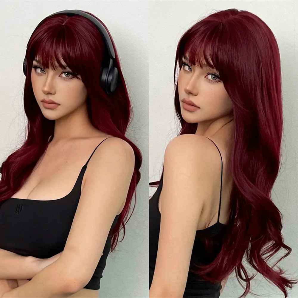 HENRY MARGU Wine Red Long Wavy Synthetic Wig High Temperature Natural Wig with Bangs Colorful Party Cosplay Hair for Black Women