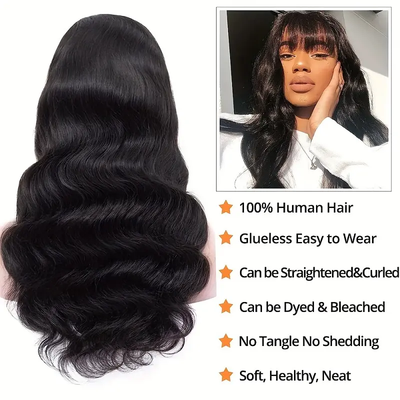 Alimice Brazilian Virgin 180% Density Body Wave None Lace Wigs Human Hair with Bangs Glueless Machine Made Wigs for Black Women