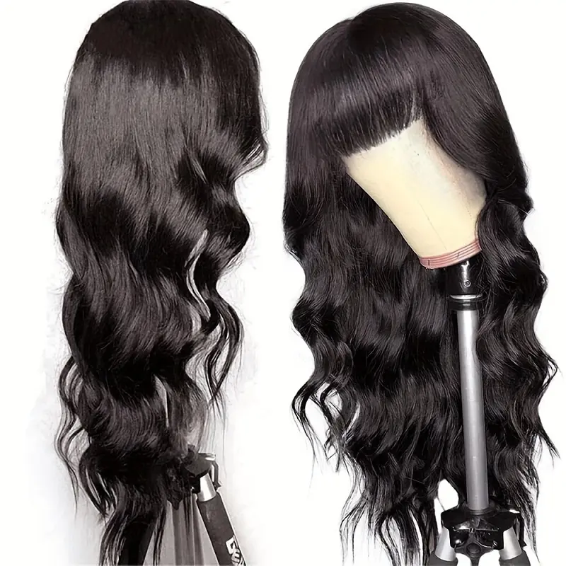 Alimice Brazilian Virgin 180% Density Body Wave None Lace Wigs Human Hair with Bangs Glueless Machine Made Wigs for Black Women
