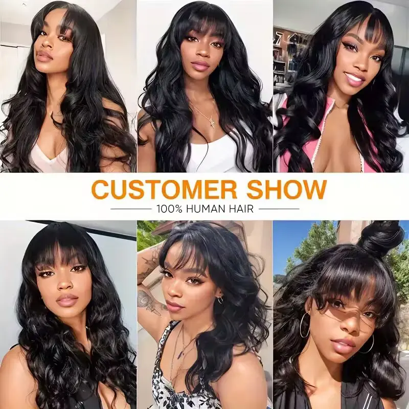 Alimice Brazilian Virgin 180% Density Body Wave None Lace Wigs Human Hair with Bangs Glueless Machine Made Wigs for Black Women