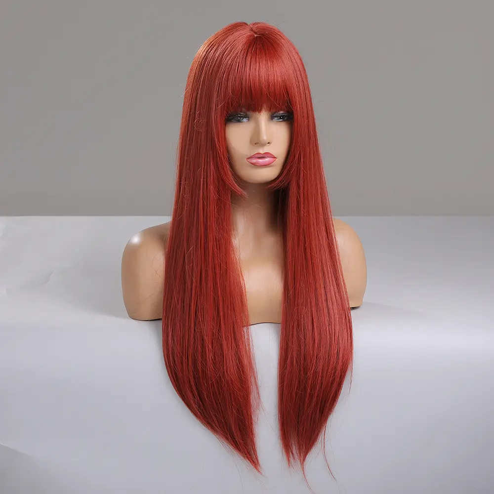 LOUIS FERRE Orange Red Brown Synthetic Wigs With Bangs Long Straight Hair Wig For Women Cosplay Halloween Heat Resistant Fiber