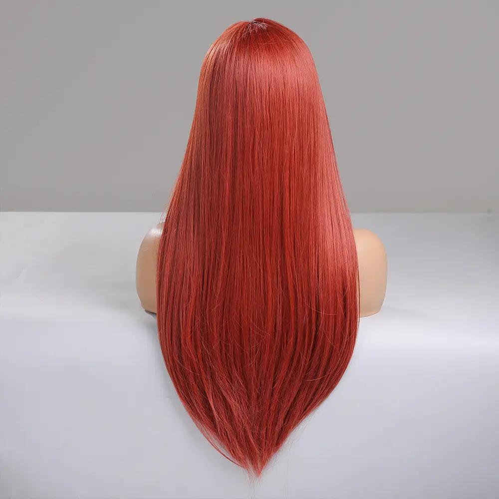LOUIS FERRE Orange Red Brown Synthetic Wigs With Bangs Long Straight Hair Wig For Women Cosplay Halloween Heat Resistant Fiber