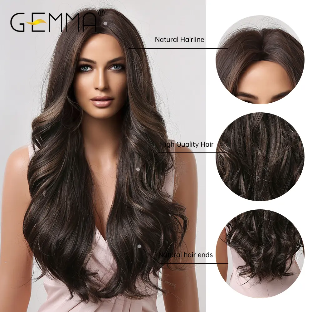 GEMMA Blonde Highlight Long Wavy Brown Wigs for Women Synthetic Natural Wave Wig Middle Part Heat Reaiatant Fibre Cosplay Hair