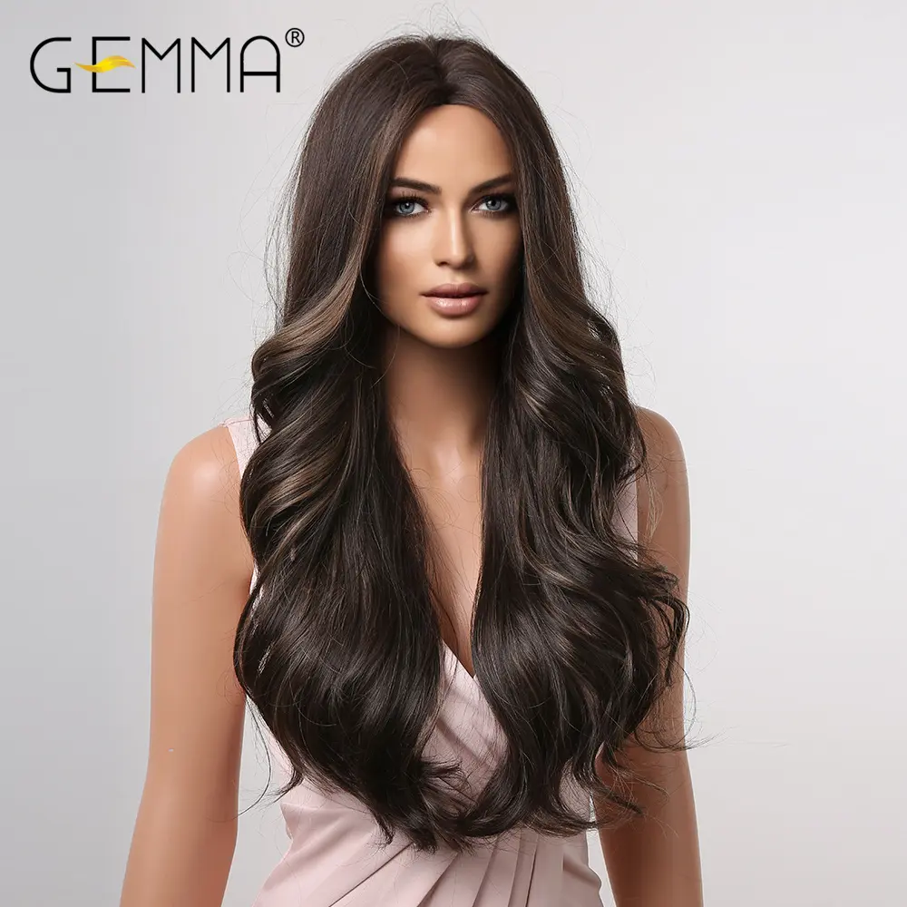 GEMMA Blonde Highlight Long Wavy Brown Wigs for Women Synthetic Natural Wave Wig Middle Part Heat Reaiatant Fibre Cosplay Hair