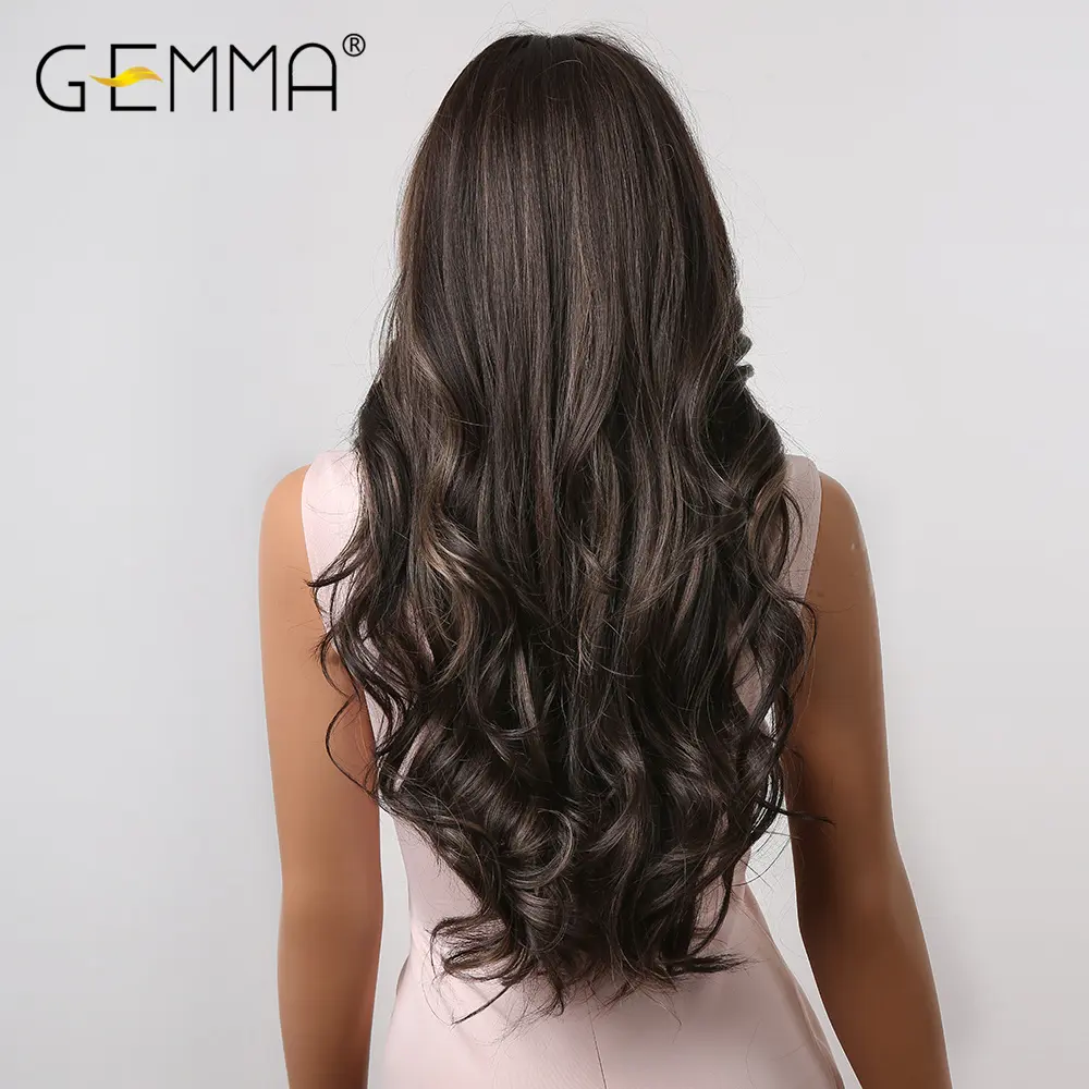 GEMMA Blonde Highlight Long Wavy Brown Wigs for Women Synthetic Natural Wave Wig Middle Part Heat Reaiatant Fibre Cosplay Hair