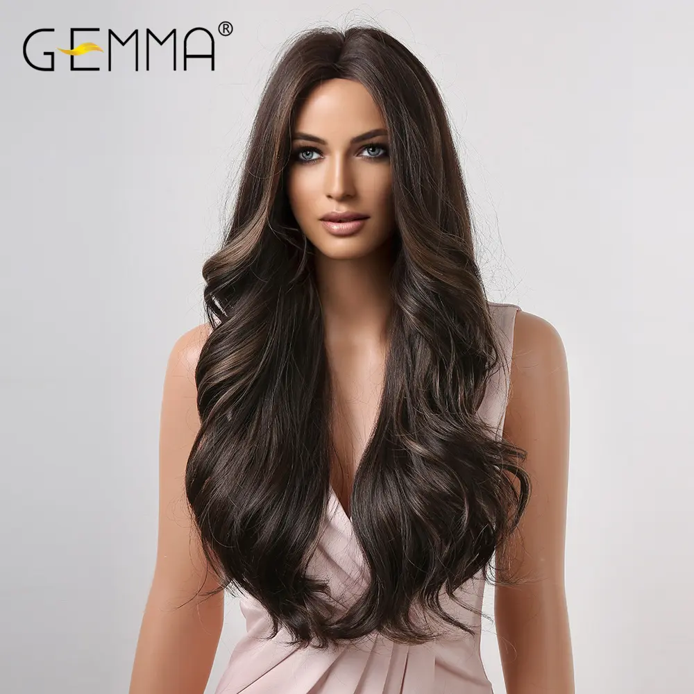 GEMMA Blonde Highlight Long Wavy Brown Wigs for Women Synthetic Natural Wave Wig Middle Part Heat Reaiatant Fibre Cosplay Hair