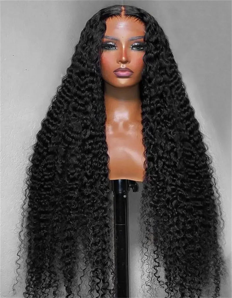 Long 26Inch 180DensityGlueless Natural Black Kinky Curly Lace Front Wig For Women With Baby Hair Synthetic Preplucked Daily