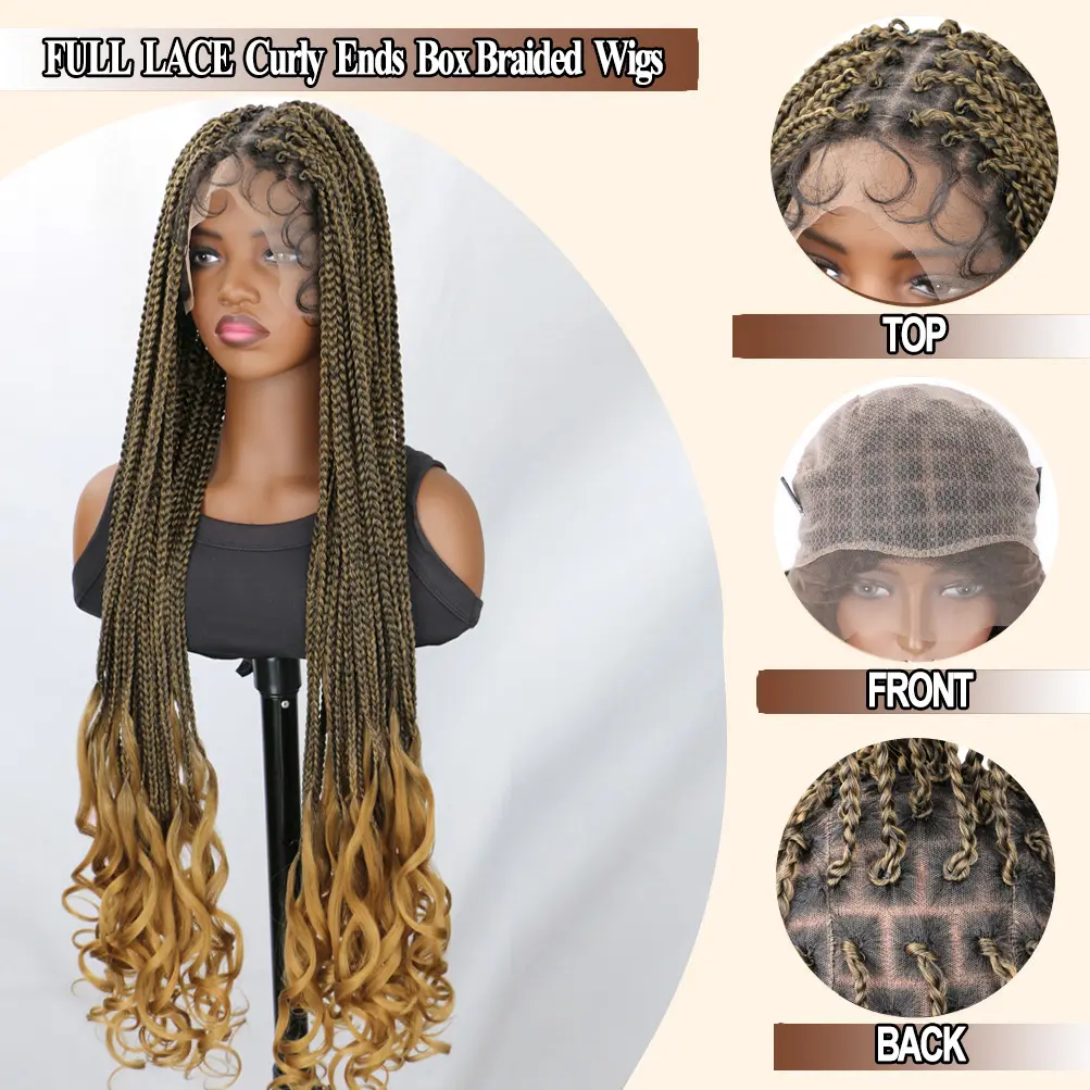 Full Lace 3X Braided Wigs for Women Box Braid Wig with Boho Curly End Handmade Triangle Knotless Braided Wigs with Baby Hair
