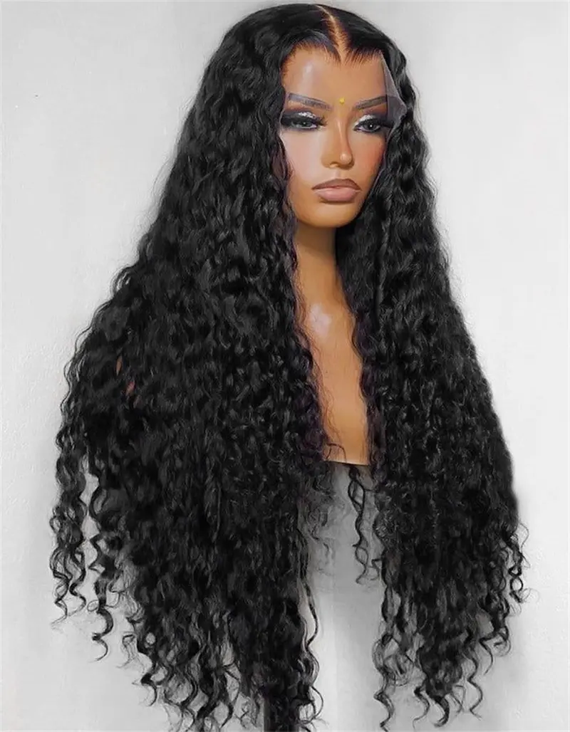 Long 26Inch 180DensityGlueless Natural Black Kinky Curly Lace Front Wig For Women With Baby Hair Synthetic Preplucked Daily
