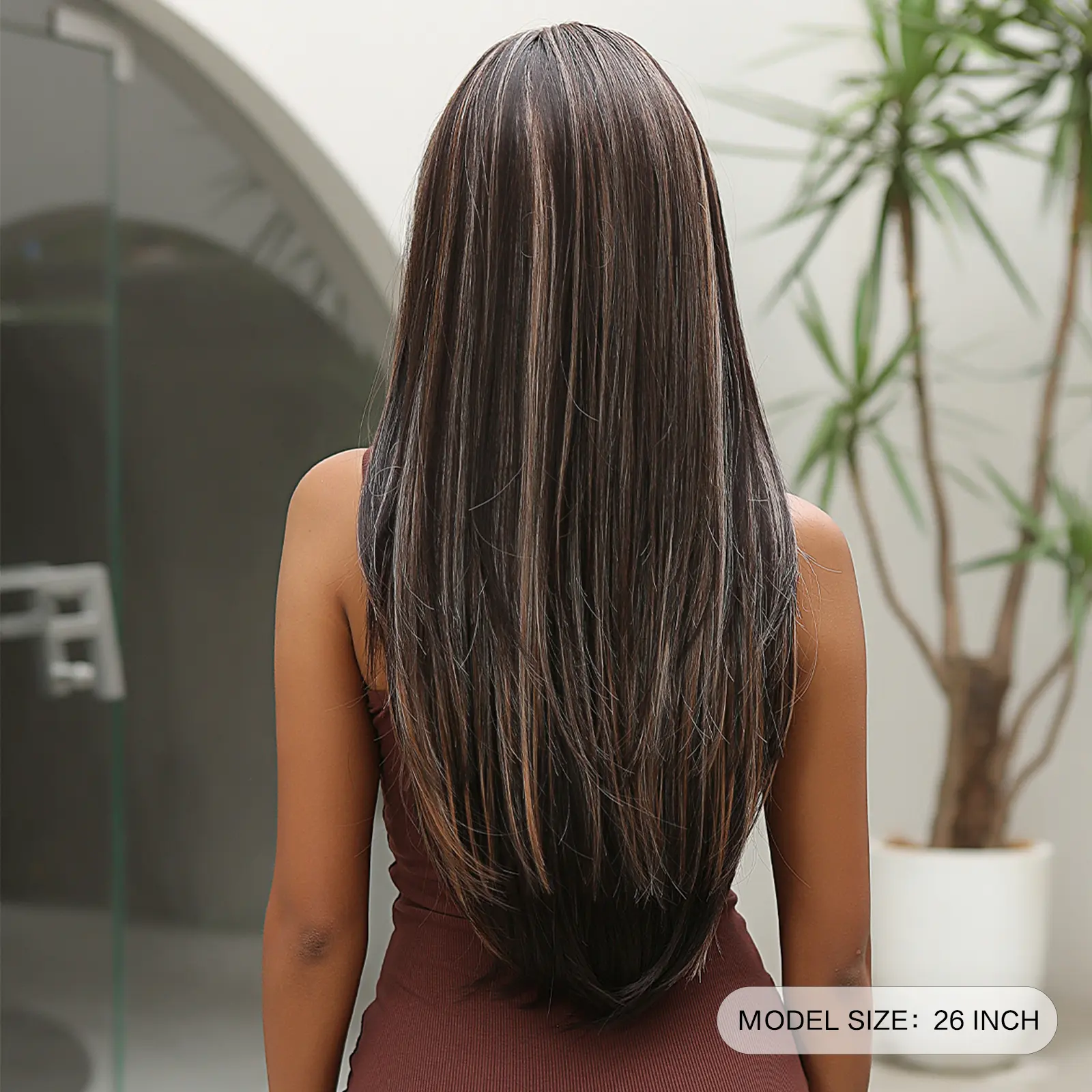 Black with Red Brown Highlight Synthetic Wigs Long Natural Straight Hair Wig for Women Afro Cosplay Daily Heat Resistant Wig