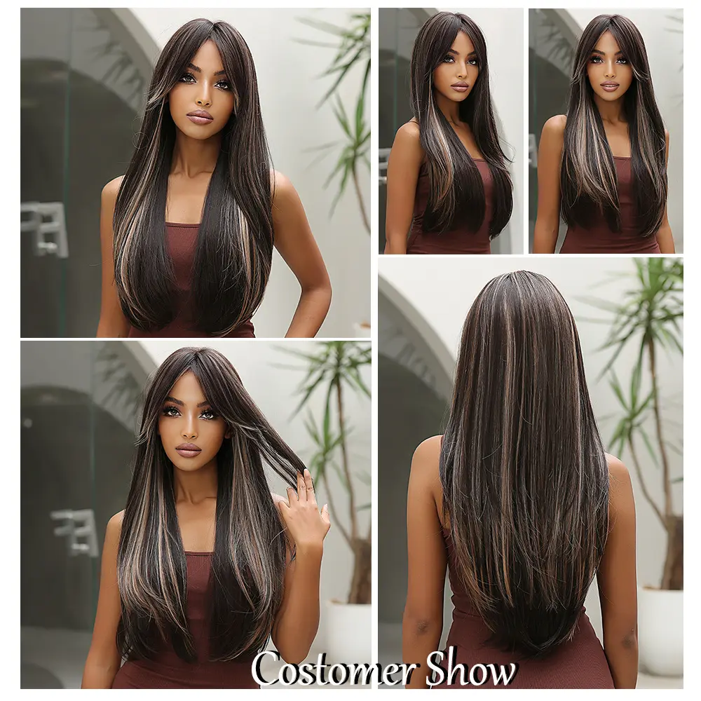 Black with Red Brown Highlight Synthetic Wigs Long Natural Straight Hair Wig for Women Afro Cosplay Daily Heat Resistant Wig