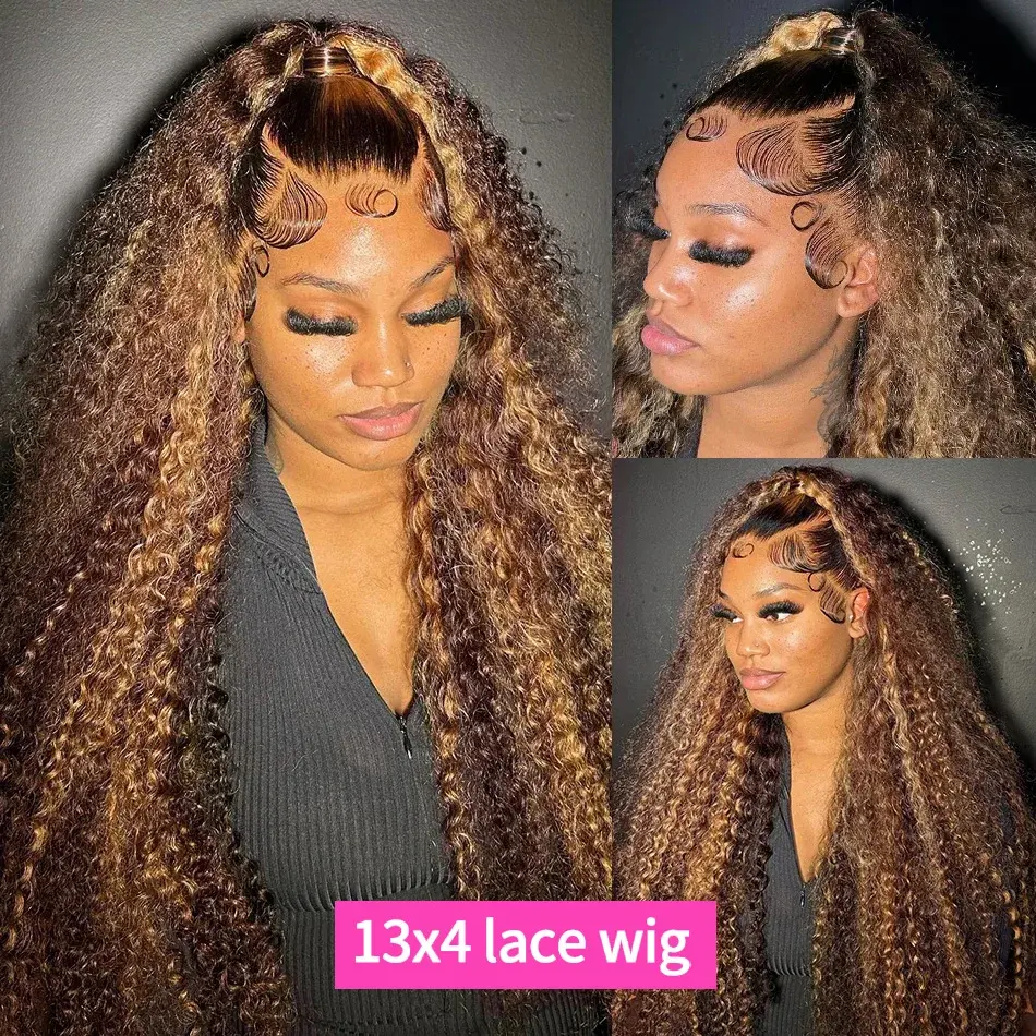 Highlighted Curly Human Hair Wigs For Women 13x4 Honey Blonde Deep Wave Wig Colored Ombre 13x6 HD Transparent Lace Frontal Wigs