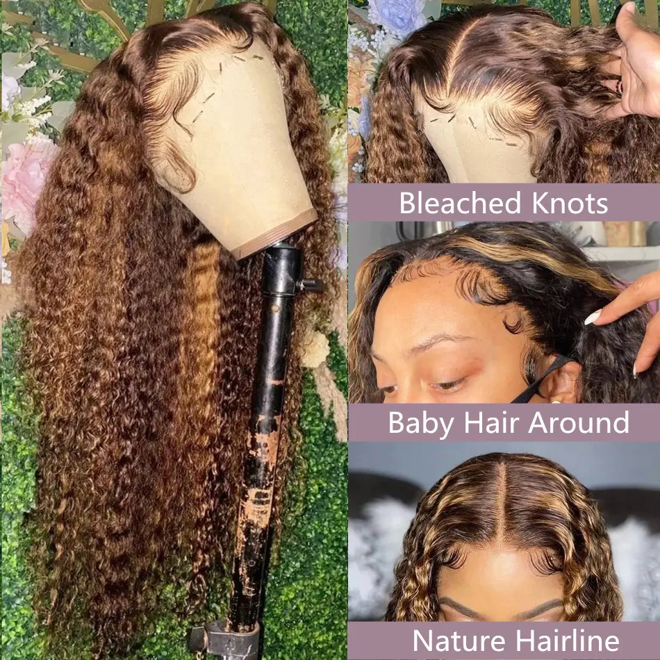 Highlighted Curly Human Hair Wigs For Women 13x4 Honey Blonde Deep Wave Wig Colored Ombre 13x6 HD Transparent Lace Frontal Wigs