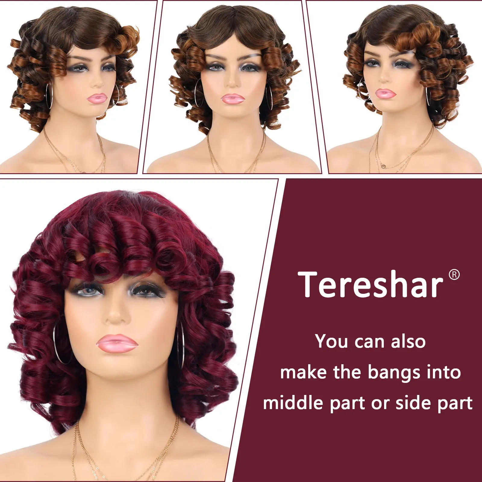 Tereshar Synthetic Curly Wigs for Black Women Soft Short Afro Curly Wig with Bangs Heat Resistant Synthetic Fiber Hair Wigs