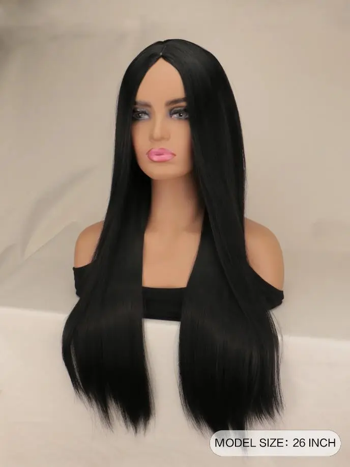 26 Inches Black Long Straight Synthetic Party Wig for Women Middle Part Hairline Natural Looking Daily Party Wear Full Wig