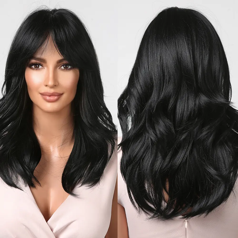 Black Wavy Synthetic Wigs Medium Length Natural Wave Wigs with Bangs for Women Afro Daily Party Use Wig Heat Resistant Fiber